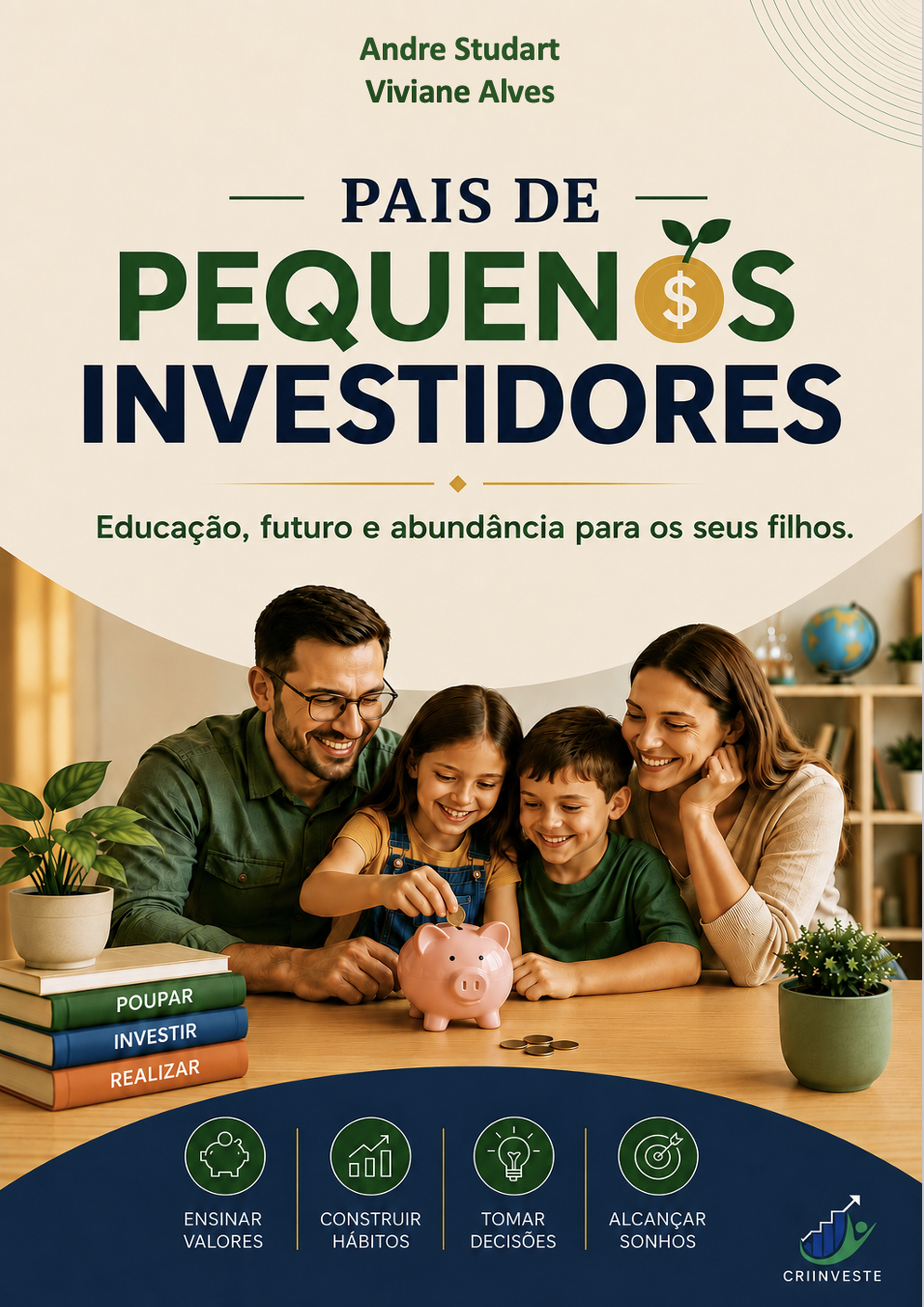 Capa do livro Pais de Pequenos Investidores, com uma família colocando moedas em um cofrinho