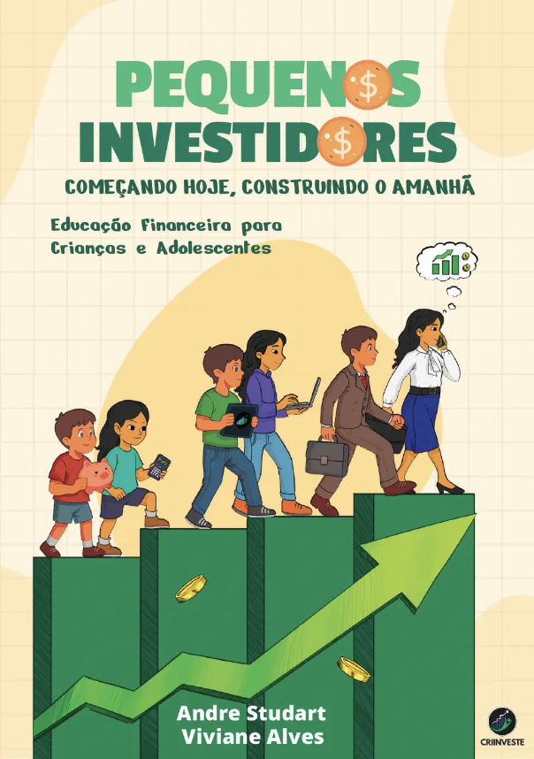 Capa do livro Pequenos Investidores, com crianças e adultos subindo degraus verdes de um gráfico em crescimento