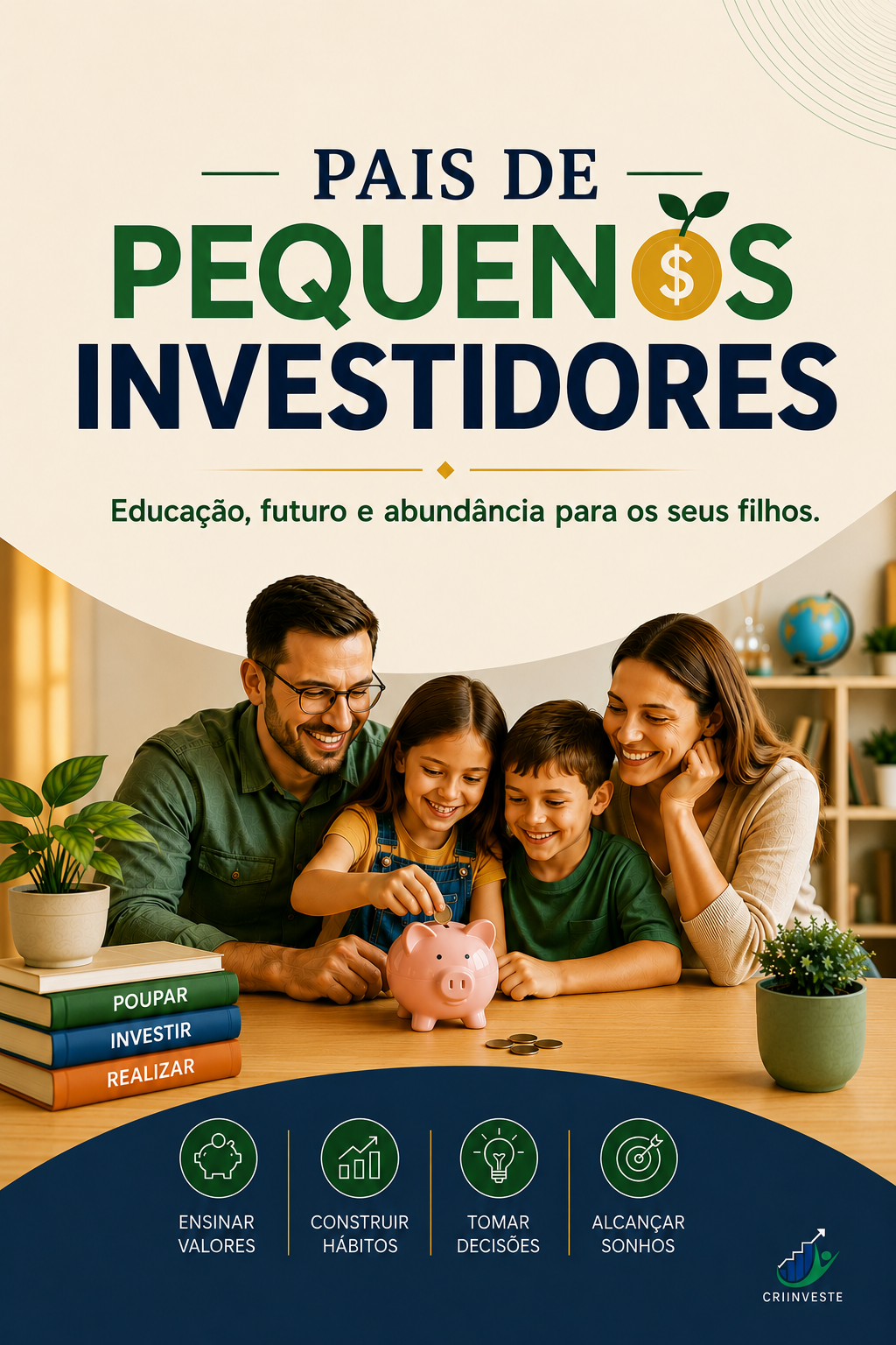 Capa do livro Pais de Pequenos Investidores, com uma família colocando moedas em um cofrinho